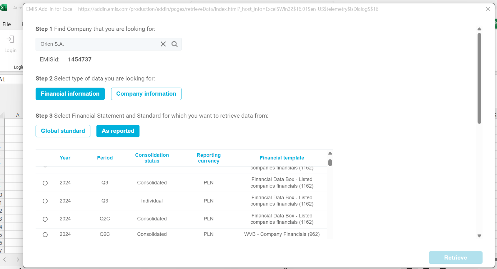 Adicionando Todos os Demonstrativos Financeiros ao Filtro de Empresas e ao Add-in EMIS para Excel: 